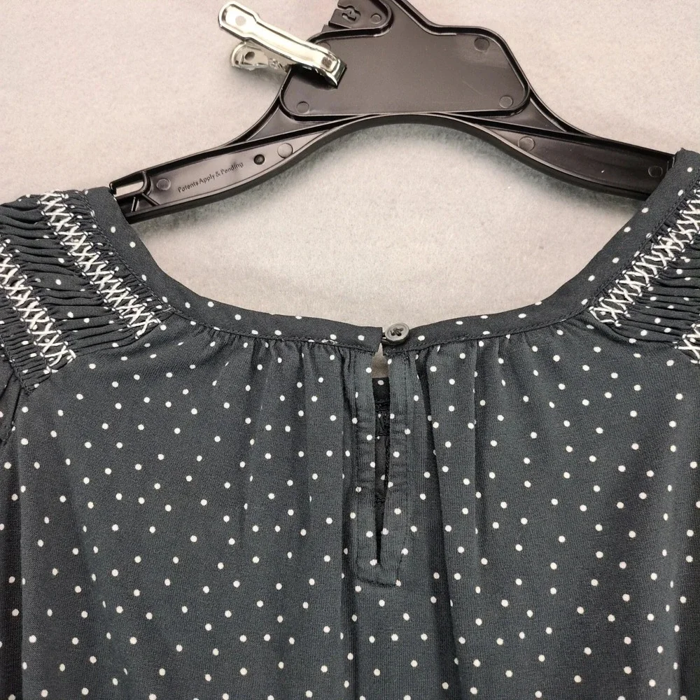 Loft Dotted Smocked Mixed Media Blouse Top Sz‎ M Gray Ruffle, Long Puff Sleeve